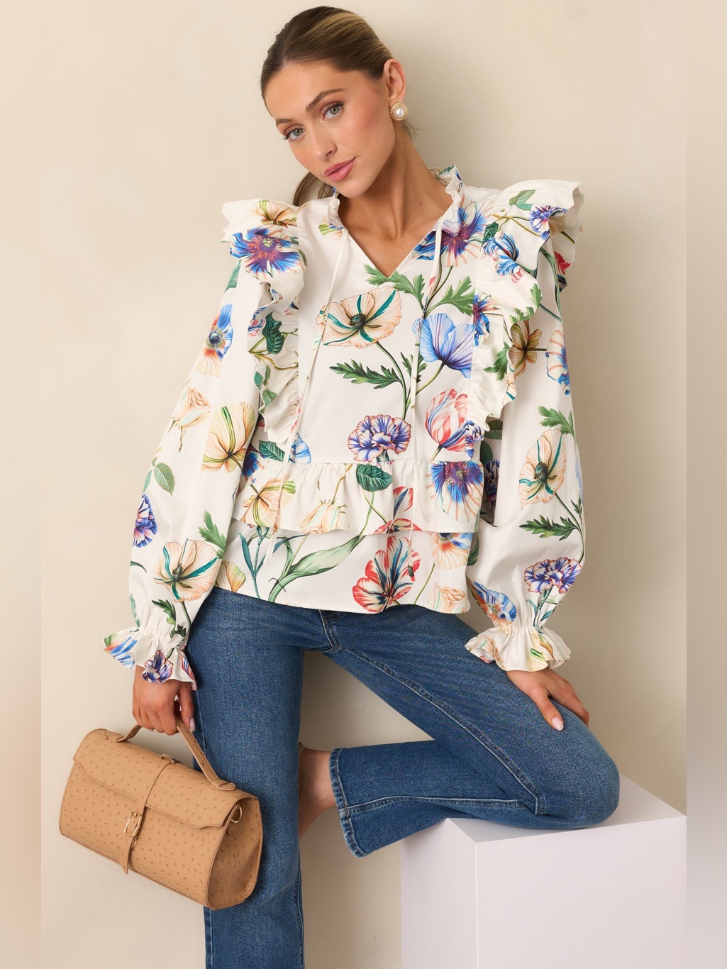 Prosperina Faye Ivory Multi Floral Print Cotton Ruffle Top New